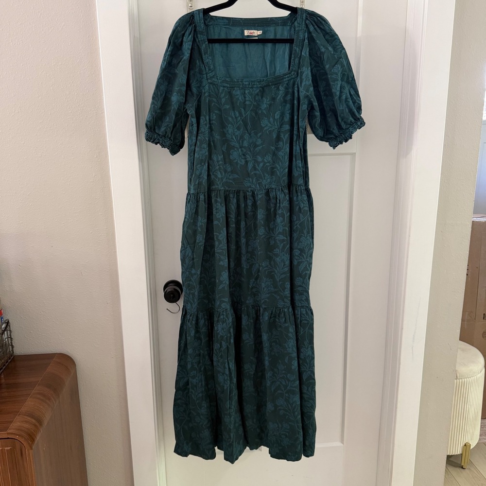 Faherty Somerset Maxi Dress Teal Floral Organic Cotton Square Neck Puff Sleeve S